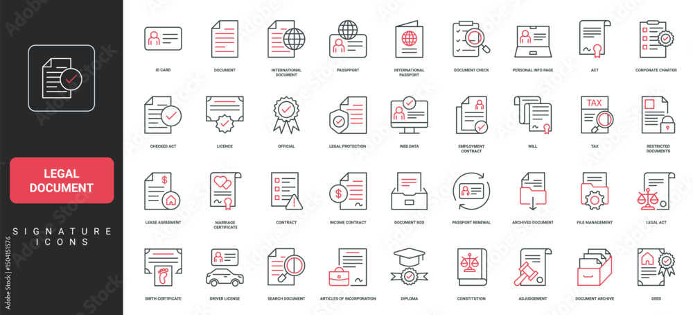 Εκτύπωση καμβά Legal document, paper contract of agreement and diploma, patent, license line icon set