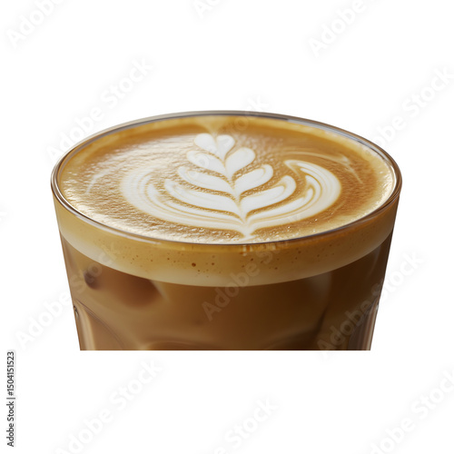 Iced Latte with Leaf Latte Art in Glass
 photo