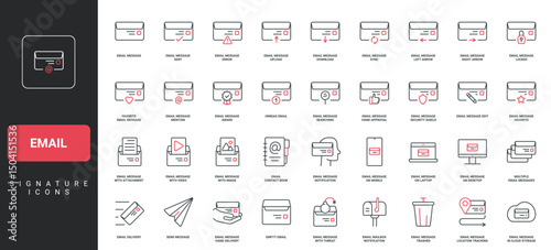 Email messages and marketing newsletter, mailbox app, mail letter send and edit line icon set. Open envelop and secure document, subscription, spam thin black and red symbols vector illustration