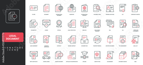 Legal document, paper contract of agreement and diploma, patent, license line icon set. Birth certificate and passport, legal stamp and form thin black and red outline symbols vector illustration