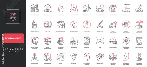 Environment problem and solution to save ecology of planet Earth line icon set. Treatment of air and water pollution, CO2 reduction, forest and animal care thin black red symbols vector illustration