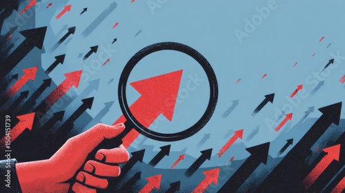 Analyzing Growth Opportunities with a Magnifying Glass Focusing on Upward Arrows, Signifying Progress, Success, and Trend Analysis in a Dynamic Market Environment