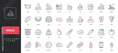 Meals, fast food and healthy nutrition for breakfast, lunch and dinner line icon set. burger sandwich and beverage cup, chicken and fish, hot soup thin black and red symbols vector illustration