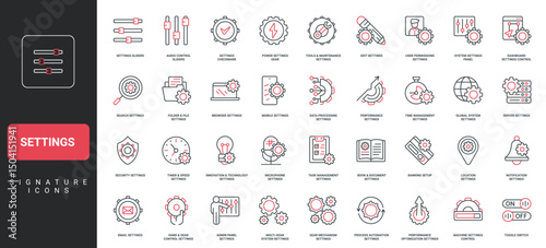 Settings of system, app and software, operation control panel and setup, modification line icon set. Productivity, automation process, gears of mechanism thin black and red symbols vector illustration