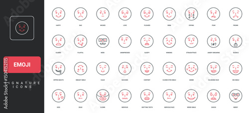 Emoji, emoticons with different expression and mood, love and hate emotion line icon set. Angry and sad, happy face with smile and wink, glasses thin black and red symbols vector illustration