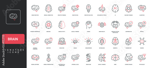 Brain, creative mind and psychology, innovation and knowledge, brainstorm line icon set. Human brain healthcare and stress, AI machine learning thin black and red outline symbols vector illustration