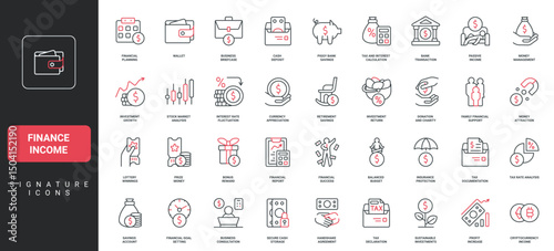Finance income, budget balance planning and savings, investment profit growth, accounting line icon set. Revenue, tax, stock market analysis thin black and red outline symbols vector illustration