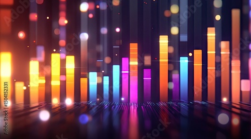 Dynamic abstract data visualization with vibrant colored bars and particles