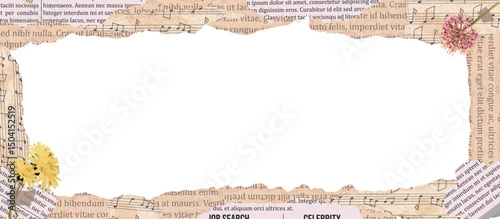 Rectangle frame with old newspaper, music paper and flowers with adhesive tape in collage style. Vector illustration in collage style