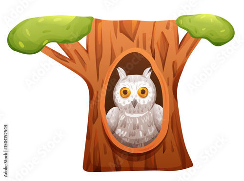 Owl bird in hollow on oak tree. Forest animal den