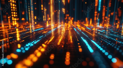 Abstract digital city landscape of glowing lines and points