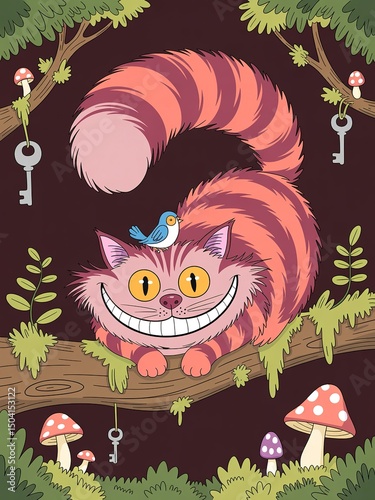Striped Cheshire cat with huge smile has blue bird on its head amidst forest