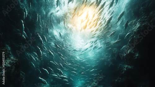 Underwater view of a swarm of fish swimming towards bright sunlight in deep ocean