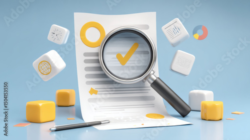 Document Approval and Validation Concept with Magnifying Glass and Checklist, Illustrating Business Process Management and Regulatory Compliance for Effective Operations