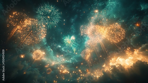 Vibrant orange and green fireworks display against a dark teal cloudy sky photo
