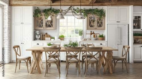 A rustic farmhouse-style kitchen dining area.