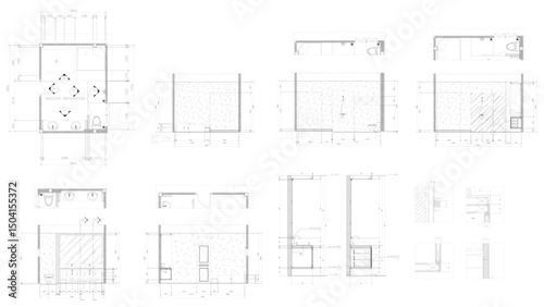 Drawings, interior decorations, master bathroom, furniture layout plan, section detail, vector format.