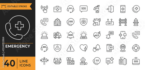 Emergency outline icon set. Containing Evacuation, SOS emergency call, ambulance, help, emergency hotline, exit, and more. editable stroke. Vector illustration