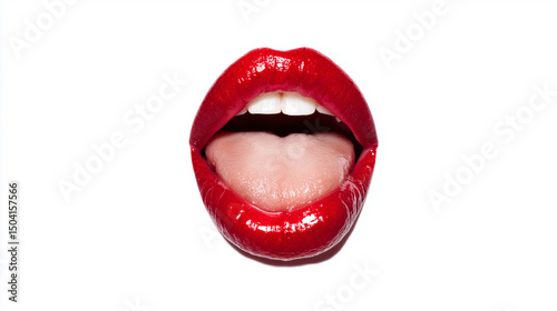 A detailed close-up of glossy red lips, Sexy female lips with red lipstick isolated on white. White teeth, tongue of beautiful young women