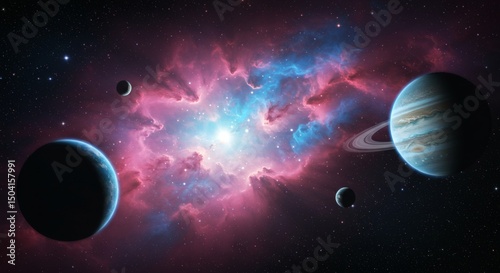 Cosmic Nebula and Planets: A Stunning Space Scene with Rings