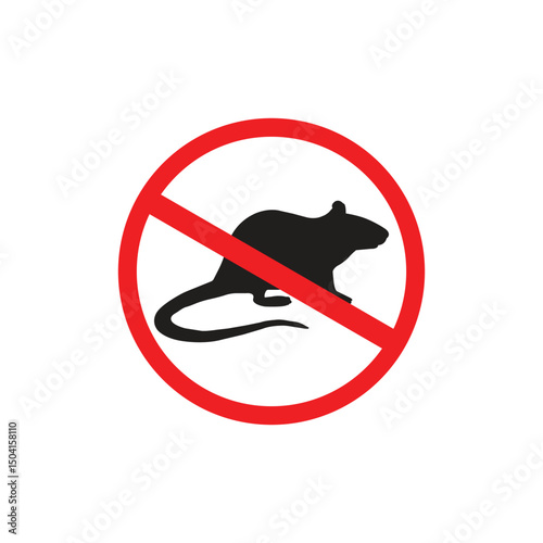 Silhouette of a rat inside a red prohibition symbol, representing pest control or rodent prevention. Ideal for warning signs, exterminator services, or hygiene and safety awareness designs.