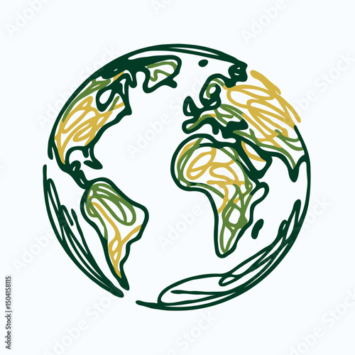 World map with Globe Line Drawing. Hand-drawn Earth Globe Sketch. Earth A HandDrawn Flat Illustration of Our Blue Planet. Simplified Globe Representation Earth's Continents and Oceans. 
