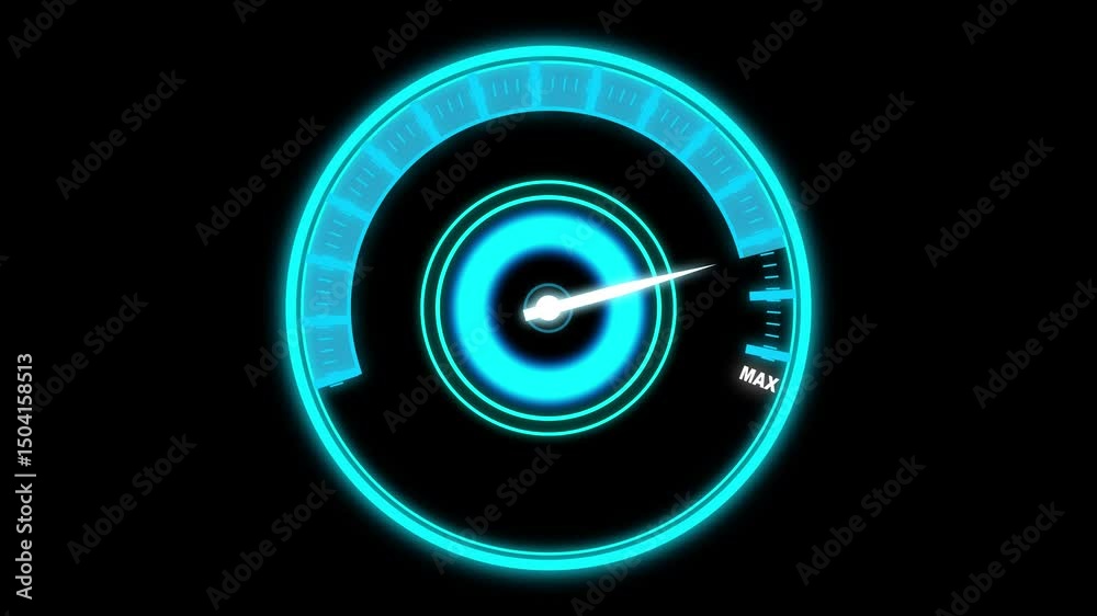 speedometer display-max with alpha channel dashboard with speedometer for download and upload speed Futuristic 3D speedometer HUD UI element animation on black background.