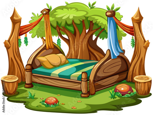 vector of A bed made of tree trunks with a white background