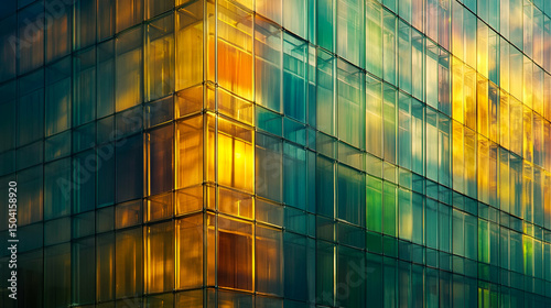 Golden And Green Glass Building Facade At Sunset