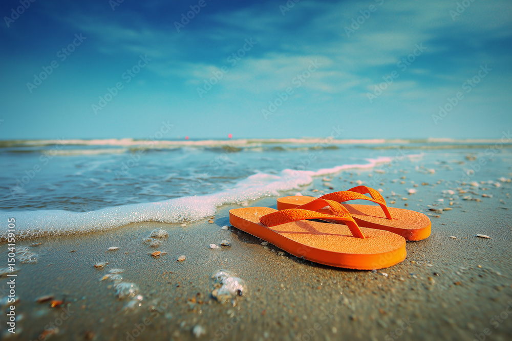 Fototapeta premium flip flops on the sunny tropical beach with turquoise water, island vacation, hot summer day, Pair of slippers or sandals on the beach. Beach holidays concept.