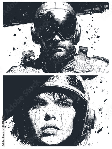 Vector portraits: intense man and woman in futuristic helmets. Gritty, high-contrast black and white comic art style. Sci-fi, action, or space theme.