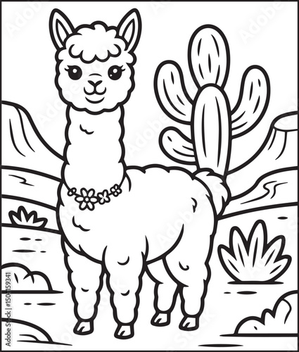 Beautiful and cute alpaca on natural scene vector line art illustration, Baby animal coloring page for children and toddler