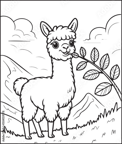 Beautiful and cute alpaca on natural scene vector line art illustration, Baby animal coloring page for children and toddler