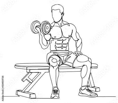 A muscular man sits on a bench with lifting dumbbell and showing off his physique