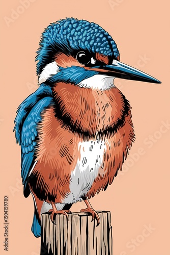 Vibrant kingfisher with orange chest and blue head rests on wooden post photo