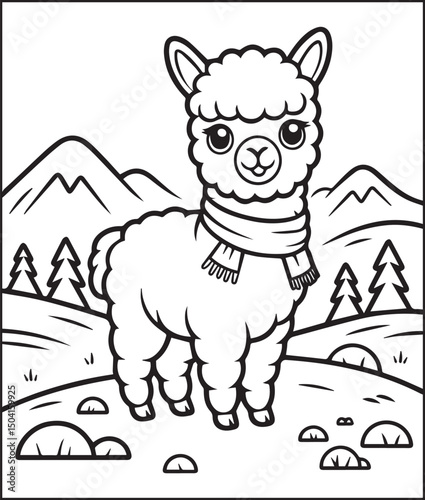 Beautiful and cute alpaca on natural scene vector line art illustration, Baby animal coloring page for children and toddler