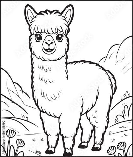 Beautiful and cute alpaca on natural scene vector line art illustration, Baby animal coloring page for children and toddler
