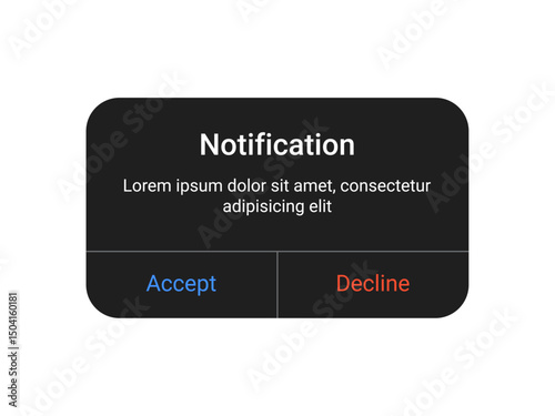 Black notification popup UI design with accept and decline buttons on a transparent background for mobile app and web alert interface in a minimal modern style