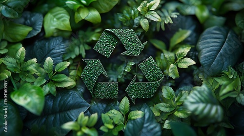 A lush green photo of a recycling symbol embedded within natural plant foliage