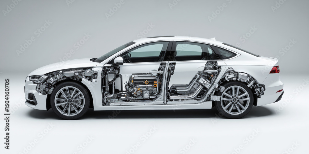 Fototapeta premium A meticulously detailed exploded view diagram of a complex car engine, with all its various components and parts gracefully floating in mid-air, each