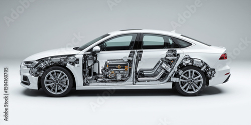 A meticulously detailed exploded view diagram of a complex car engine, with all its various components and parts gracefully floating in mid-air, each
