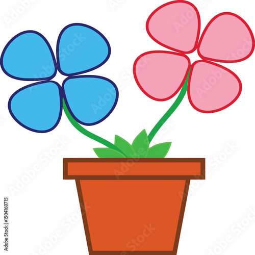 "A vibrant illustration of a flower pot containing two cheerful flowers, one blue and one pink. This design is perfect for spring-themed projects, gardening, or any creative endeavor that celebrates n