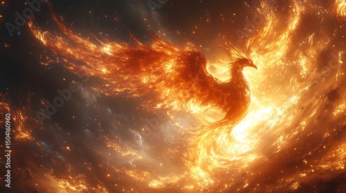 A majestic phoenix rising from celestial flames in a stunning photo depicting mythical power