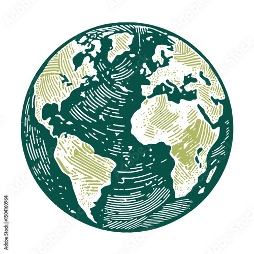 World map with Globe in Retro Style Drawing. Hand-drawn Earth Globe Sketch. Hand Drawn Colorful Flat Illustration of Our Blue Planet icon. Simplified Globe Representation Earth's Continents and Oceans