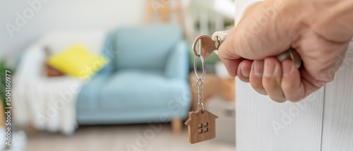 Moving house, relocation. Man open door in new apartment. move in new home. Buy or rent real estate. flat tenancy, leasehold property, new landlord, investment, dwelling, loan, mortgage..