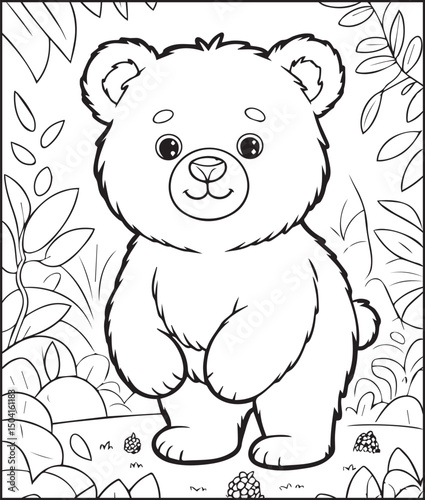 Cute cartoon bear in nature drawing line art vector for children animal coloring book design
