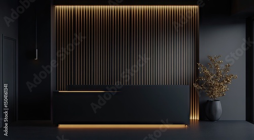 Modern, minimalist reception area with a dark color scheme.  Warm lighting accents the wooden wall panels