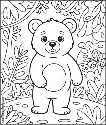 Cute cartoon bear in nature drawing line art vector for children animal coloring book design