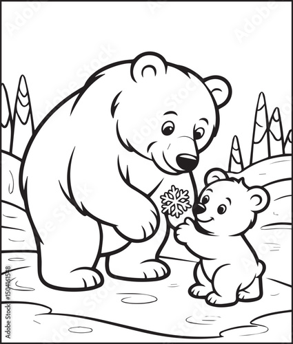 Cute cartoon bear with baby drawing line art vector for children animal coloring book design