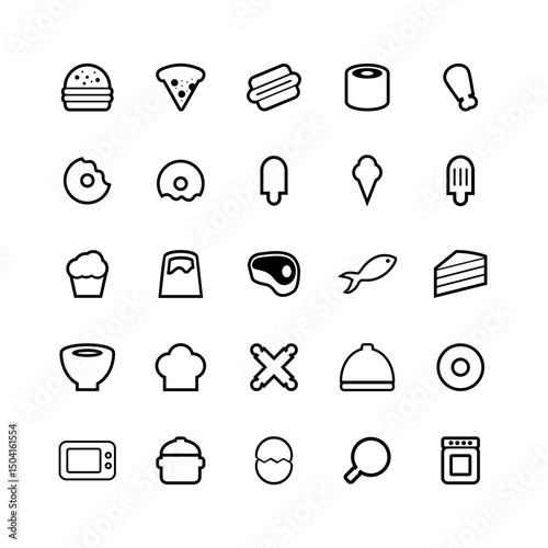 Food Outline Icon Pack - 25 Medium Stroke Culinary Symbols (Editable EPS Vector